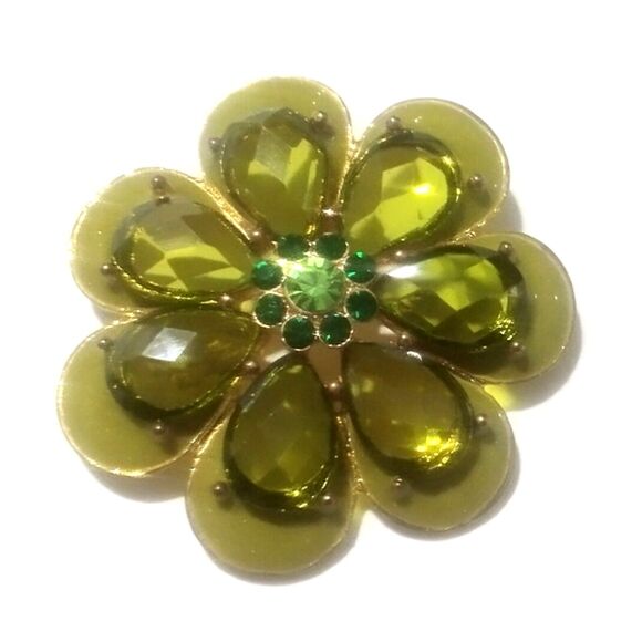 Gold Tone Green Enamel and Rhinestone Flower Brooch Pin - Picture 1 of 5